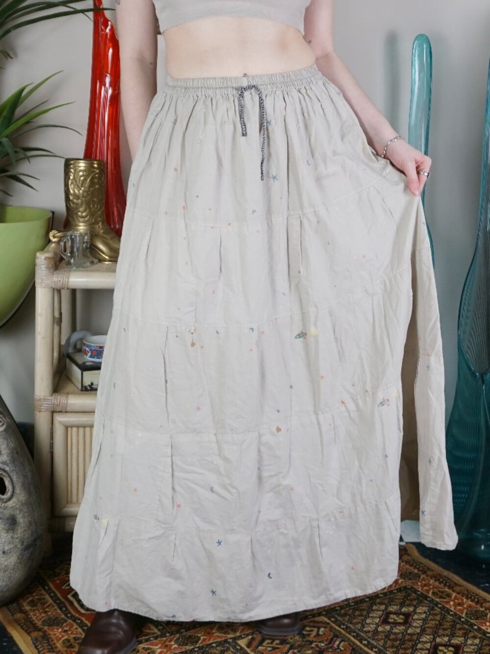 Celestial rocket ship graphic tan maxi skirt